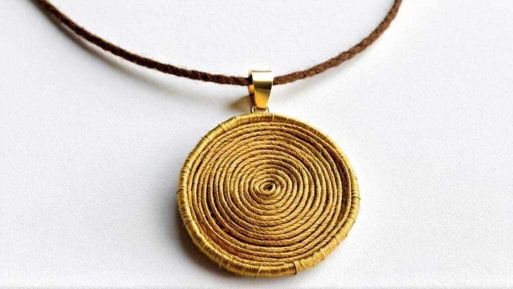 Circular jute pendant necklace with coiled design and gold bail on jute cord