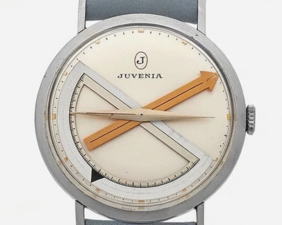 Vintage Juvenia watch with a compass-style arrow dial and blue leather strap