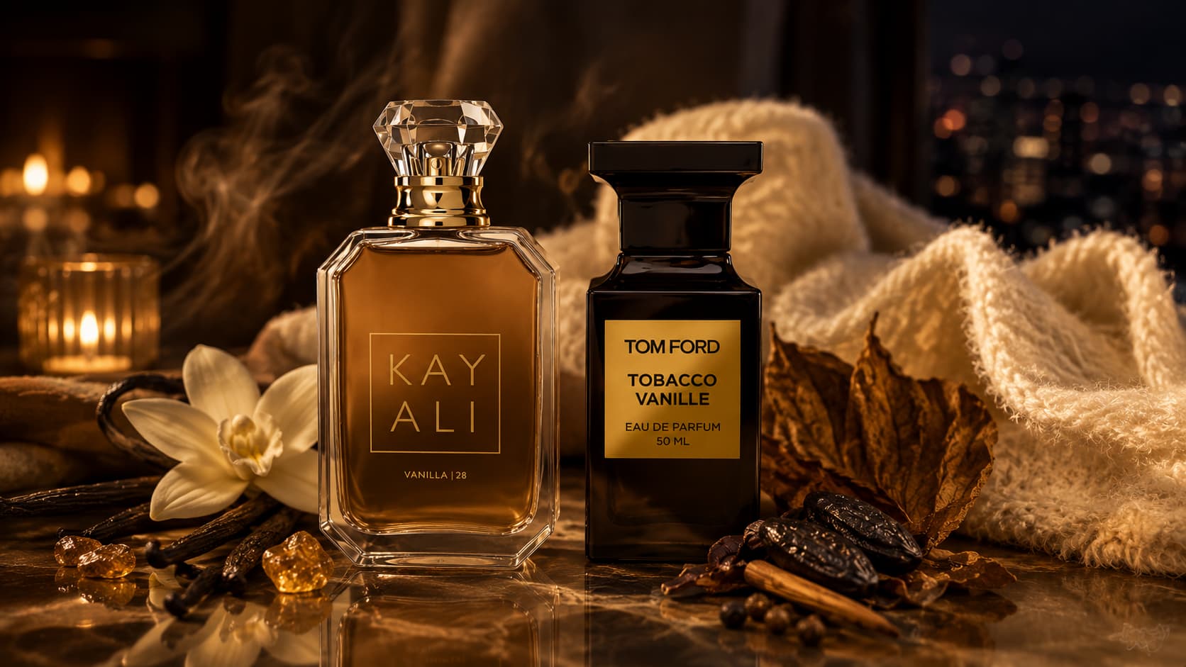 Kayali Vanilla 28 and Tom Ford Tobacco Vanille perfume bottles layered together on a table with candles