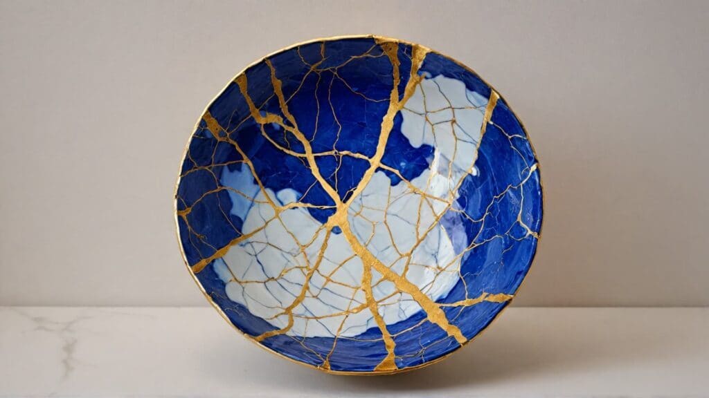 A blue and white ceramic bowl repaired with kintsugi, featuring striking gold seams that enhance its unique aesthetic and symbolic meaning.