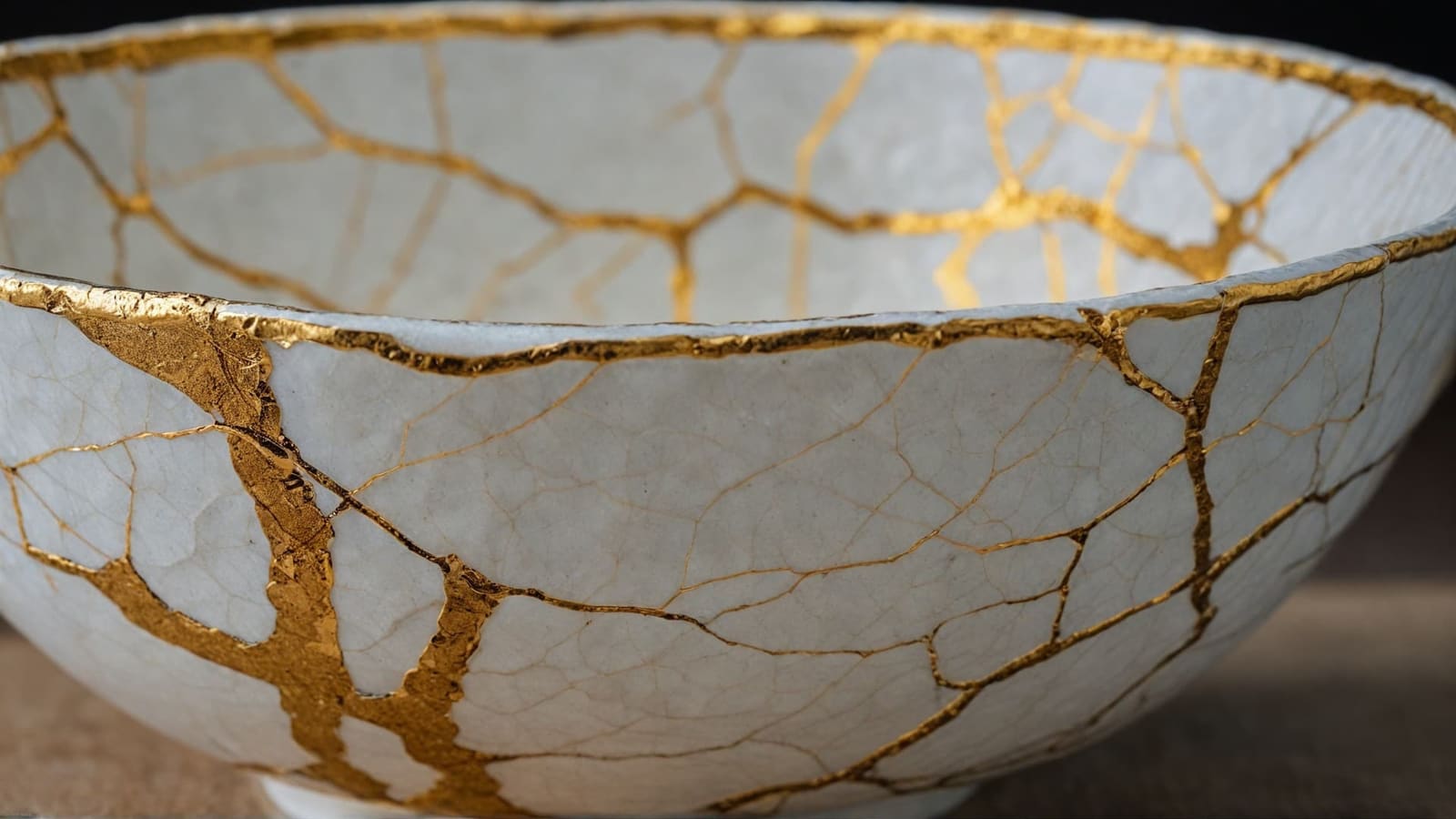 White ceramic bowl repaired with kintsugi, its cracks filled with gold