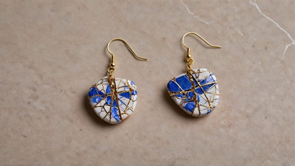 A pair of kintsugi-inspired ceramic earrings with blue and white fragments joined by golden seams, showcasing the beauty of brokenness and repair.