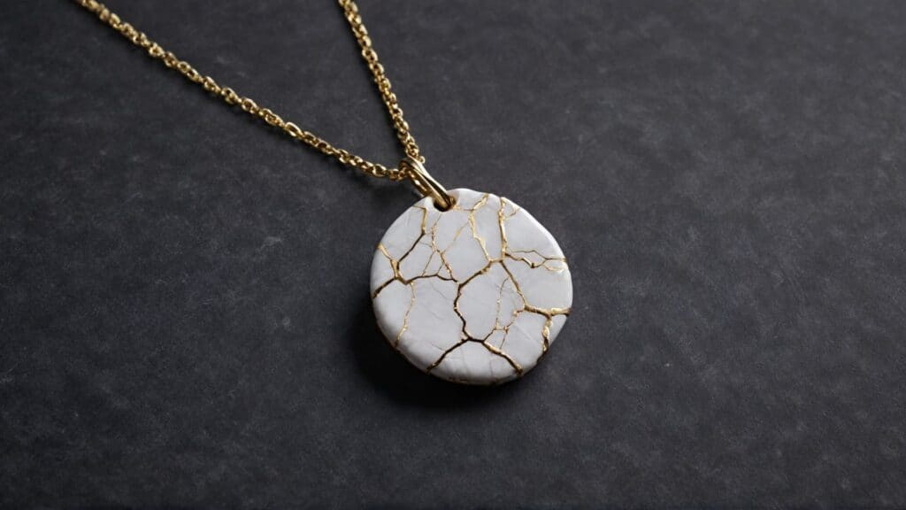A handmade kintsugi necklace featuring a round ceramic pendant with gold-filled cracks, symbolizing resilience and beauty in imperfection.