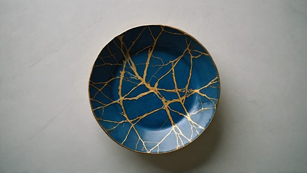 A deep blue ceramic plate with intricate gold kintsugi repairs, illustrating the Japanese philosophy of embracing flaws and transformation.