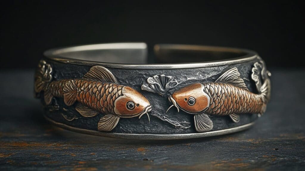 Intricate koi fish bracelet featuring two fish, symbolizing harmony and strength, designed with detailed craftsmanship.
