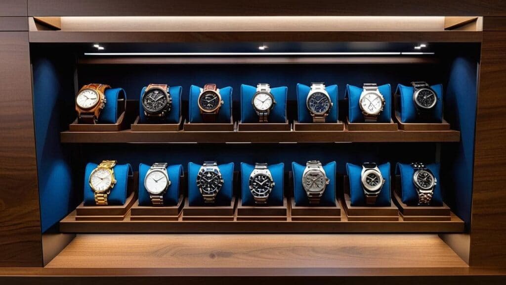 Premium South Korean timepieces arranged in a boutique display highlighting the variety of designs from Korea's watch manufacturers