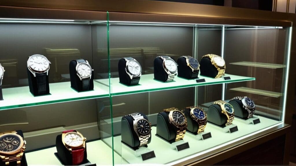 Selection of South Korean watch brands displayed in a modern retail showcase featuring various styles and finishes