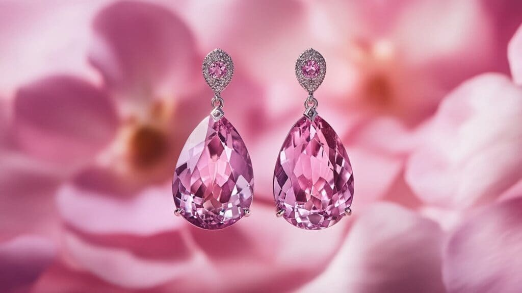 Pair of exquisite drop earrings featuring faceted pear-shaped Kunzite gemstones with vibrant pink hues, set against a soft floral background.