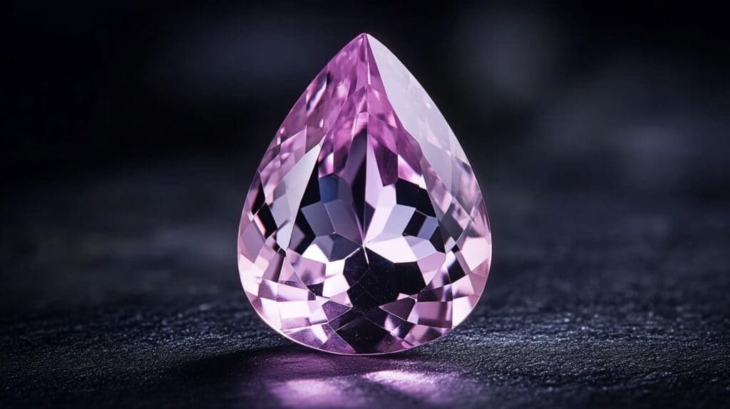 Close-up of a pear-shaped Kunzite gemstone with vibrant pink hues, placed on a dark textured surface to highlight its brilliance.