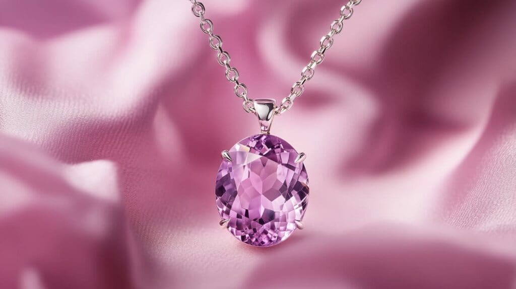 Elegant oval-cut Kunzite pendant set in white gold, suspended on a delicate chain, displayed on a soft pink satin background.