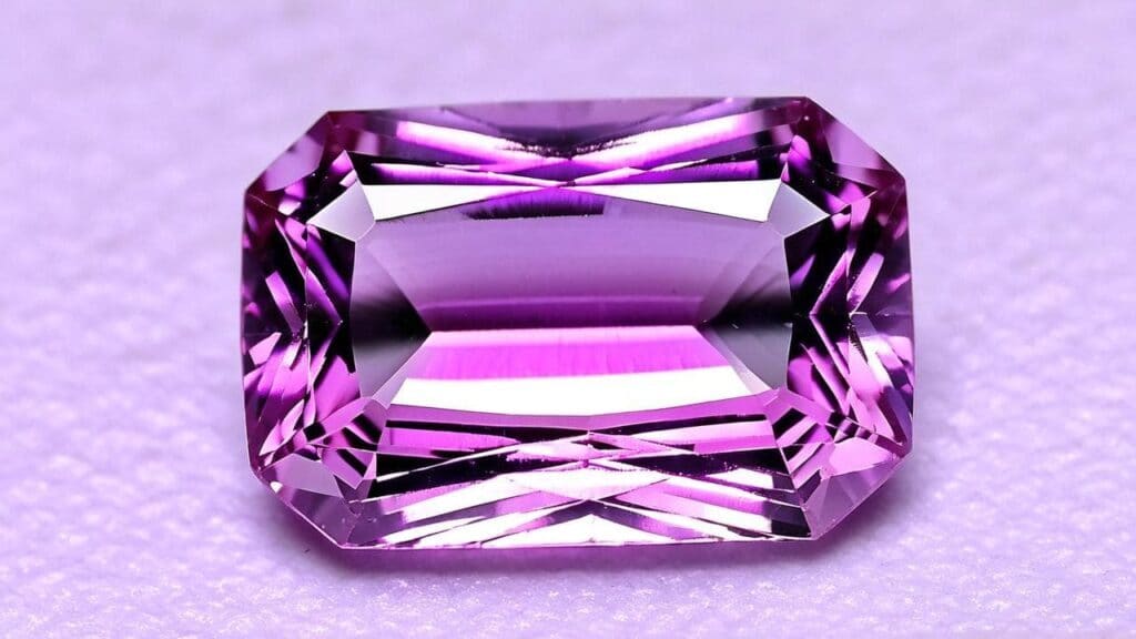 Emerald-cut kunzite gemstone showing pleochroism in soft pink and purple hues