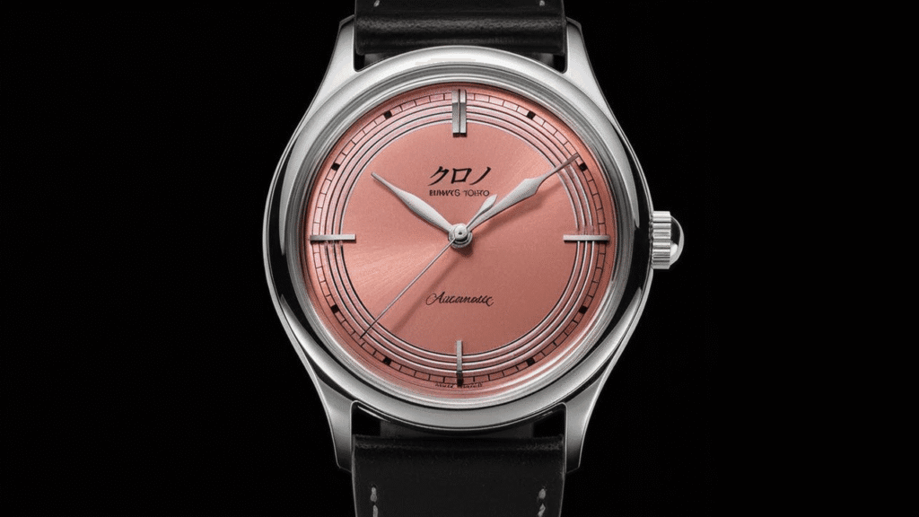 Kurono Tokyo watch with pink dial featuring Art Deco inspired design by Hajime Asaoka showing accessible Japanese horology