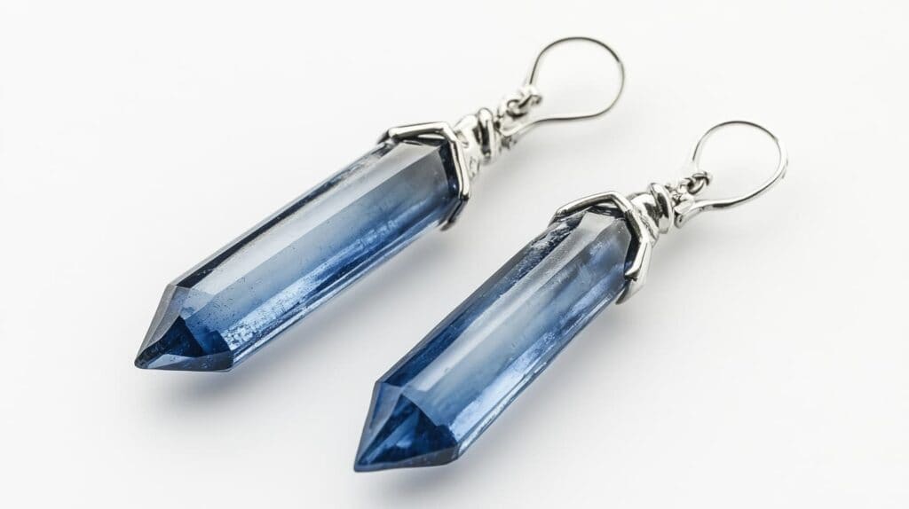 A pair of polished kyanite crystal earrings with vibrant blue color, set in silver metal with a pointed design, displayed on a white background.