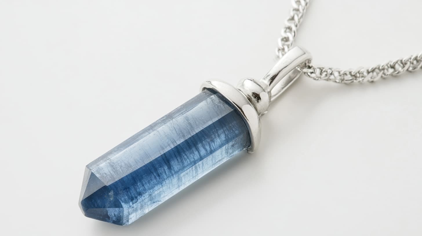 Kyanite crystal point pendant in striated blue set in silver on a chain