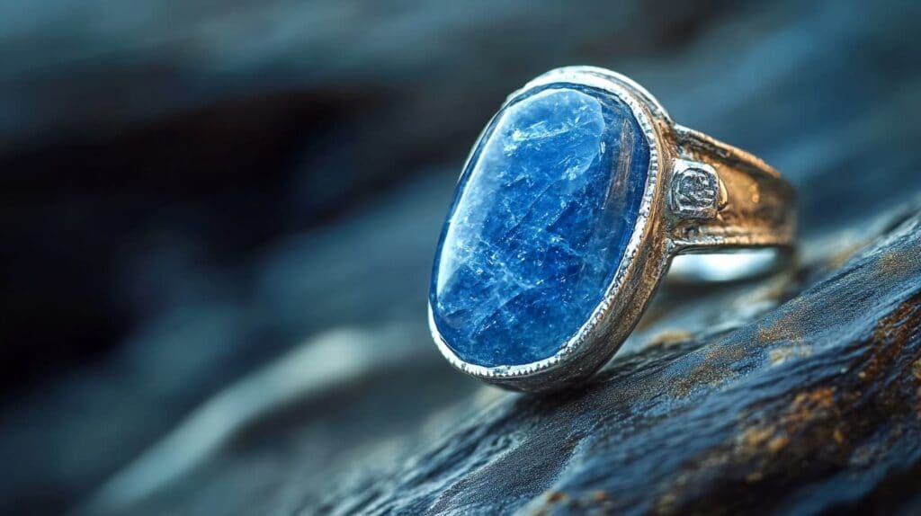 An oval-shaped kyanite gemstone ring with rich blue coloration, set in an ornate silver band, displayed on a textured surface.