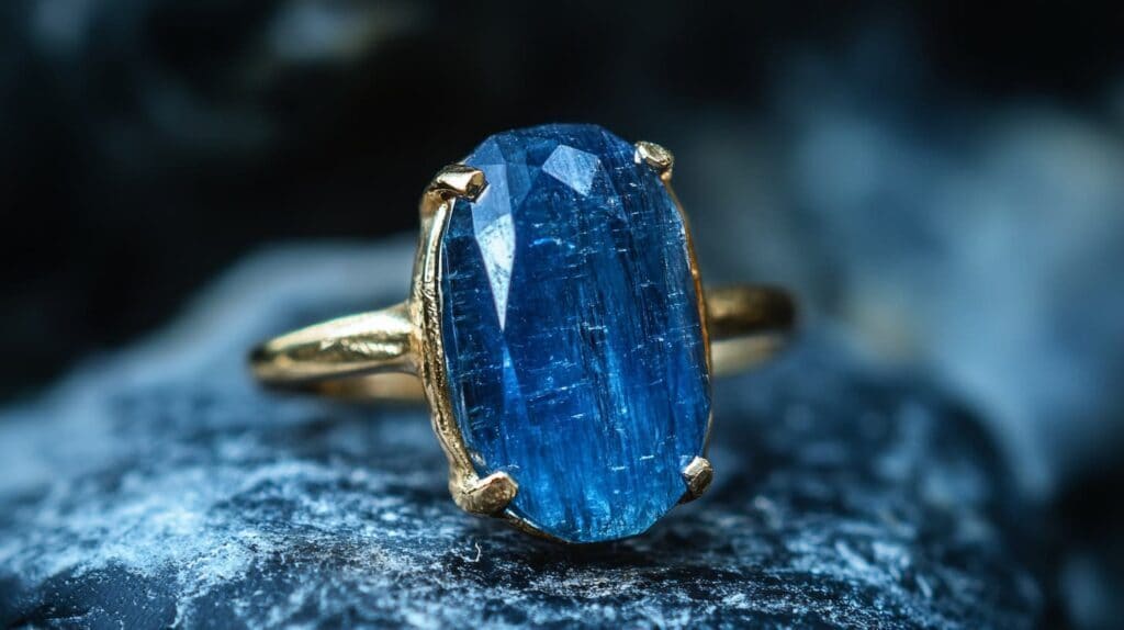 A faceted oval kyanite gemstone ring with intense blue tones, set in a yellow gold prong setting, placed on a dark stone background.
