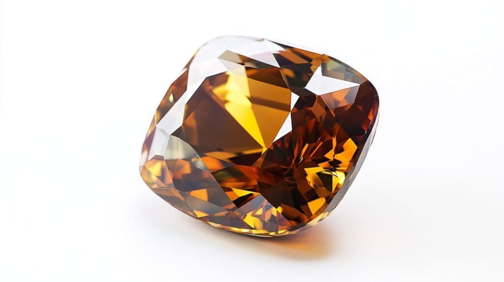 A cushion-cut Kyawthuite gemstone, reflecting deep amber and brown tones, highlighting its unique composition and extreme rarity.