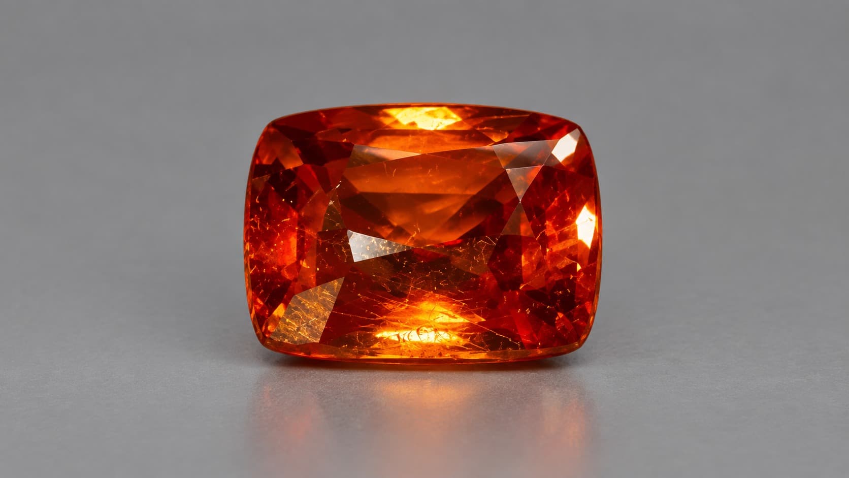 Faceted orange kyawthuite gemstone on a neutral gray background