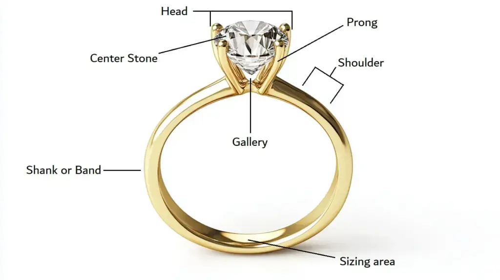Diagram labeling the parts of a ring, including the band, gallery, center stone, prong, shoulder, and head.