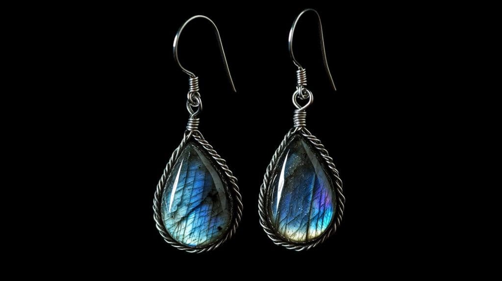 Teardrop-shaped labradorite earrings with silver wire wrapping, featuring striking blue, gold, and purple flashes against a black background.