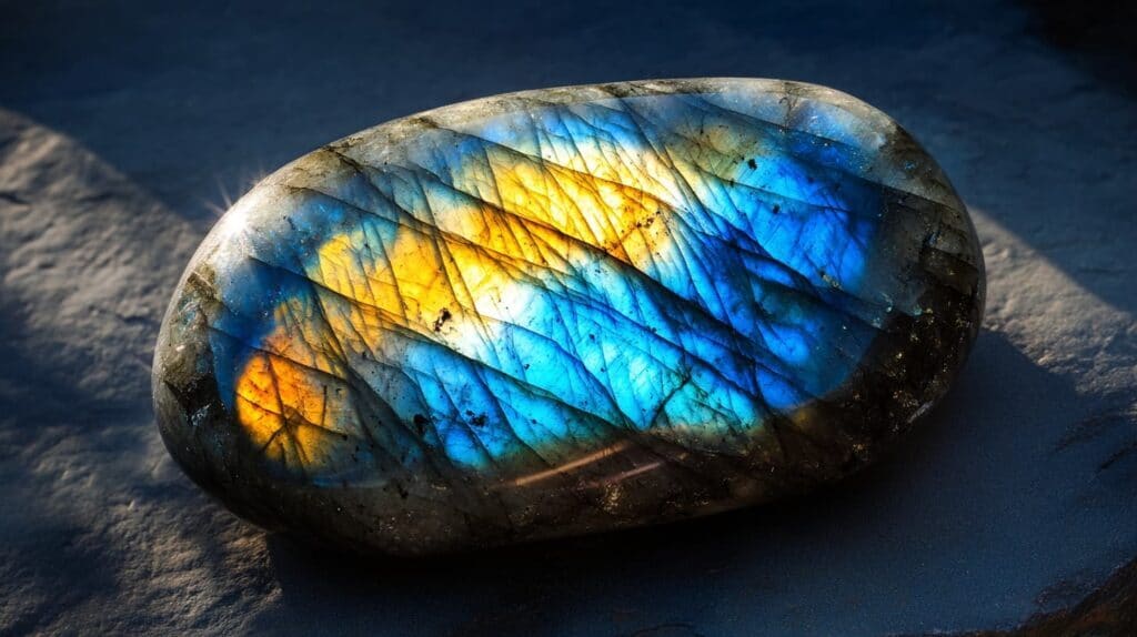 A polished labradorite semi-precious gemstone displaying its signature labradorescence, with vibrant flashes of blue, gold, and green reflecting in the light.