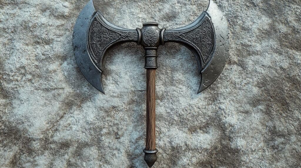 Antique labrys double-headed axe with intricate engravings, symbolizing strength, balance, and duality, displayed on a stone background.
