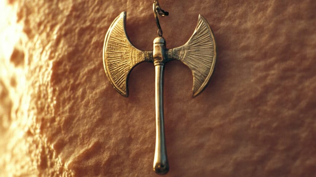 Gold labrys earring with detailed design, symbolizing strength and balance, displayed against a textured background.