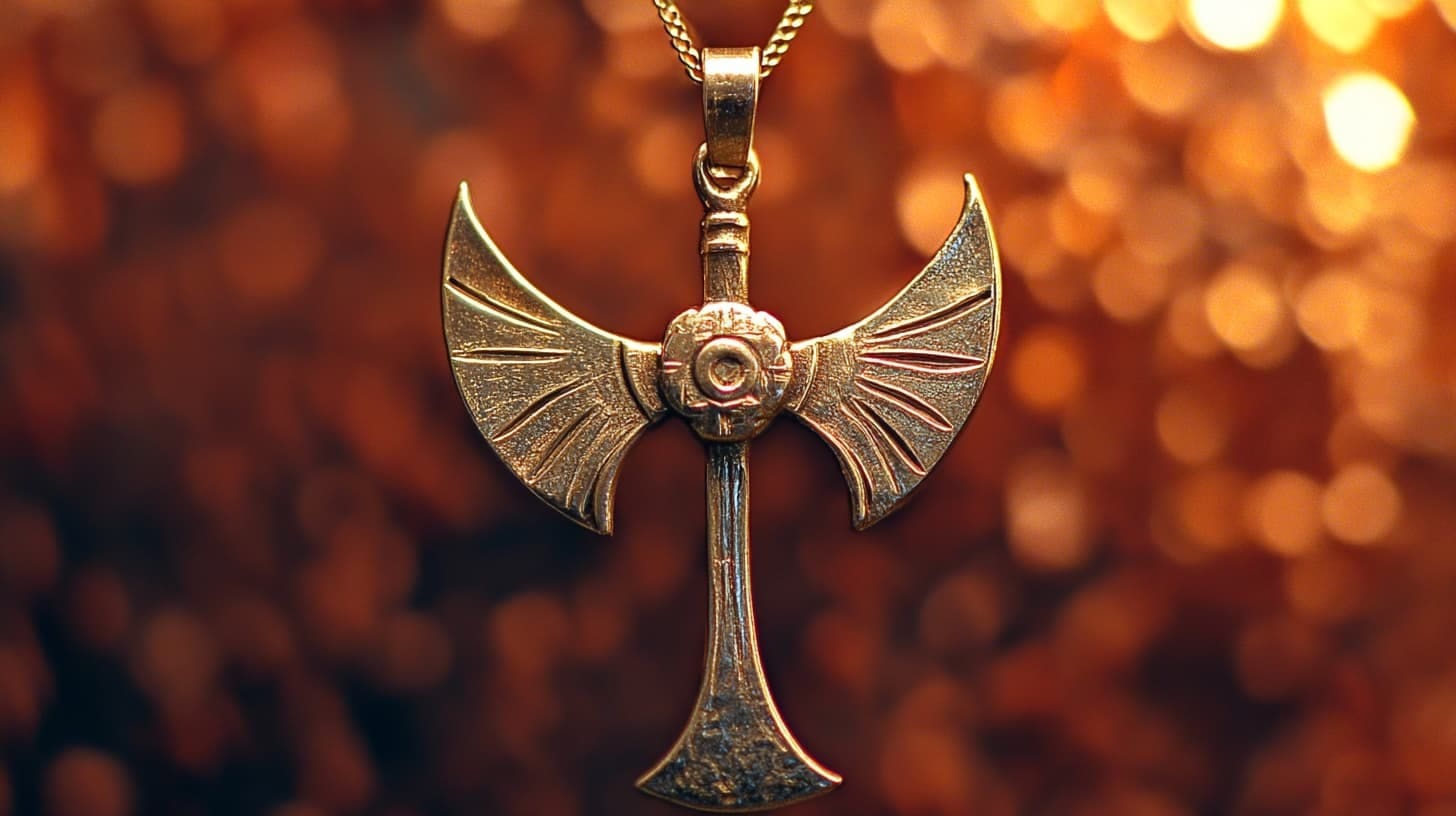 Bronze labrys double-axe pendant on a chain against warm bokeh light