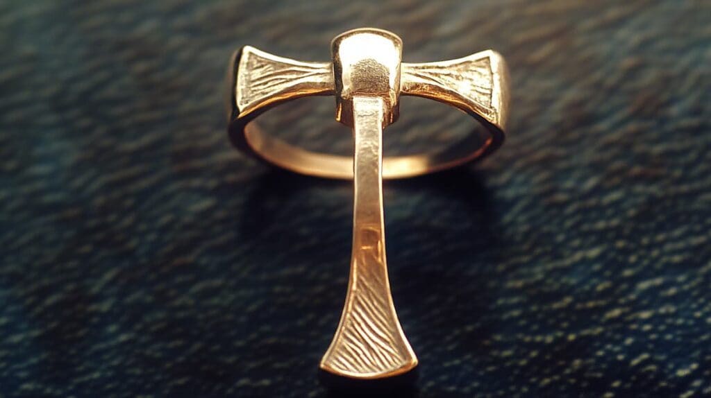 Gold labrys ring showcasing a minimalist design, symbolizing strength and duality in modern jewelry fashion.