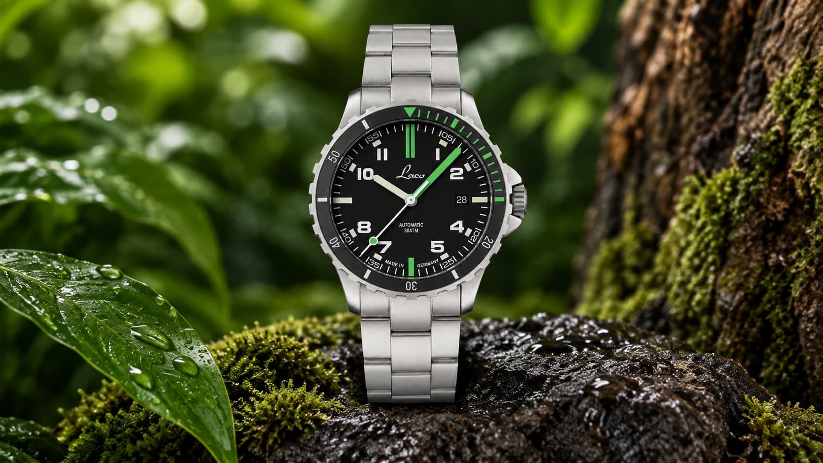 Laco Amazonas 39 automatic dive watch with green lume accents in a rainforest setting