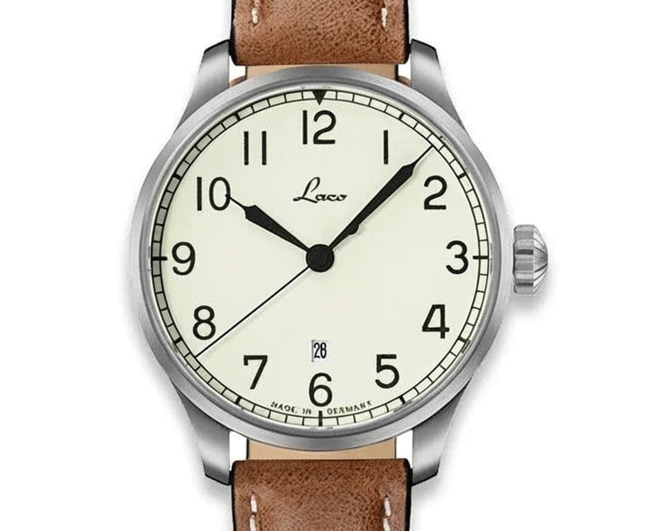 Laco pilot watch with cream dial, black numerals and stitched brown leather strap