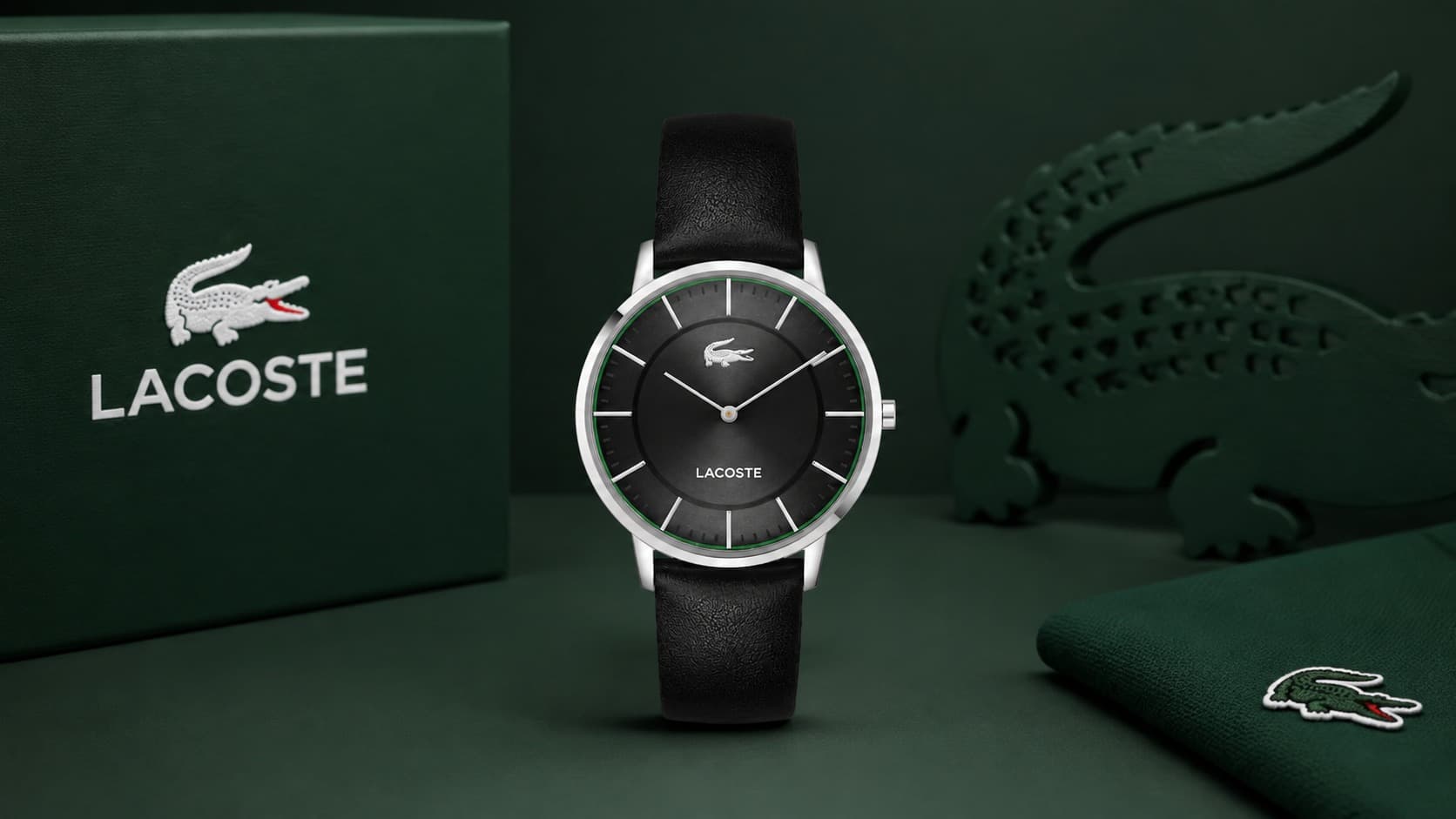 Lacoste Crocorigin leather watch with black dial and green accent ring