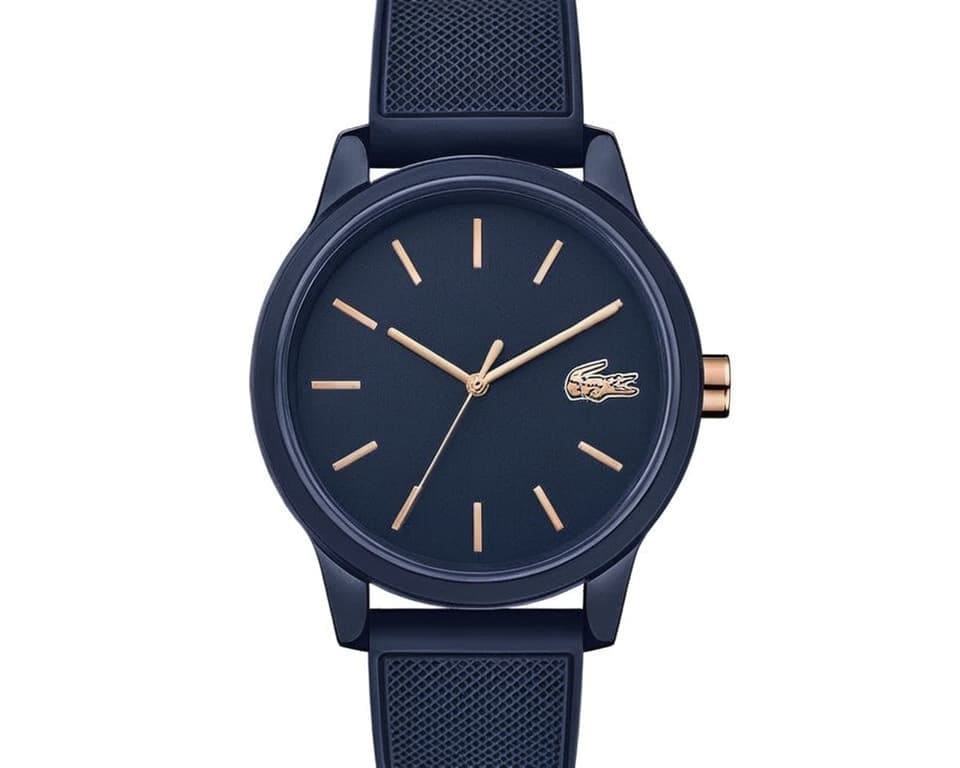 Navy blue Lacoste watch with rose gold markers, crocodile logo and textured silicone strap