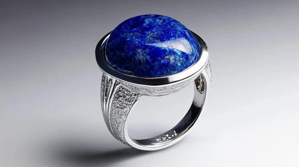 Close-up of a Lapis Lazuli cabochon ring in a textured silver setting, highlighting the deep blue stone with golden pyrite inclusions.
