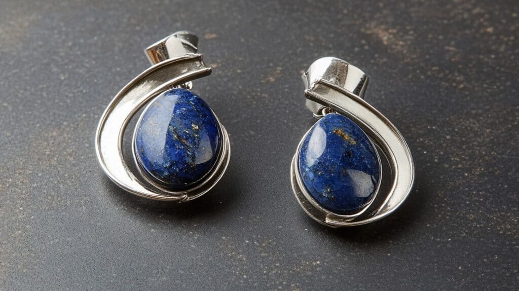 Pair of Lapis Lazuli earrings set in modern silver swirls, featuring oval blue gemstones with golden pyrite specks for a stylish, elegant look.