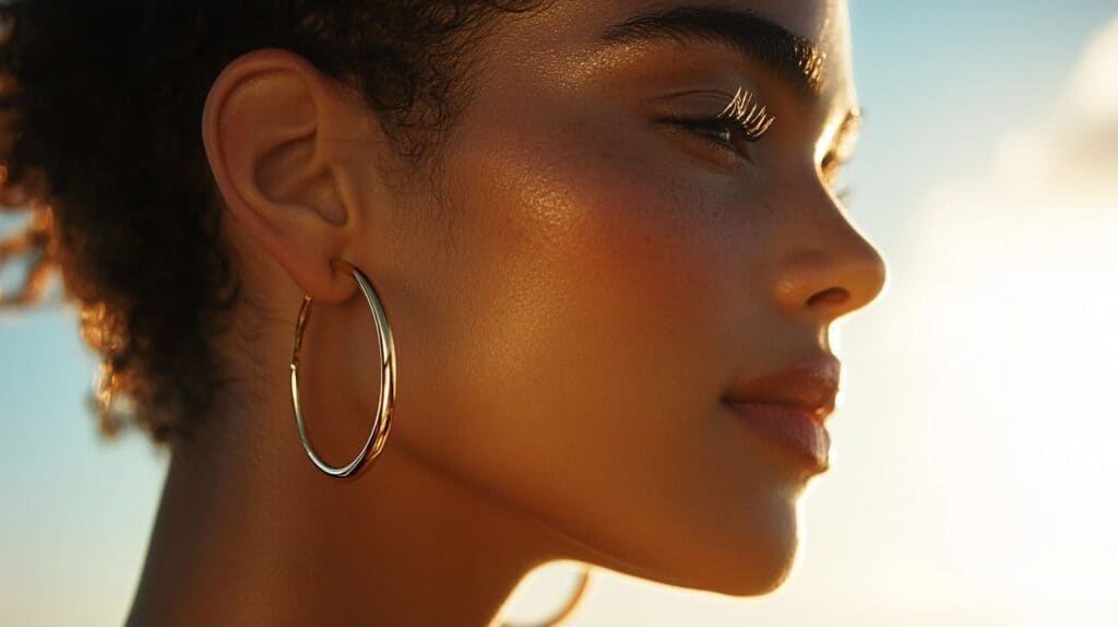 Side view of a woman wearing large gold hoop earrings, perfect for a summer look with a sun-kissed glow.