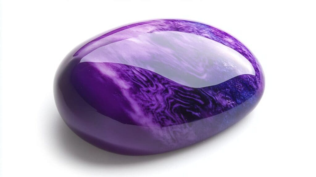 Close-up of a large polished Sugilite specimen with vibrant purple hues and intricate natural patterns.