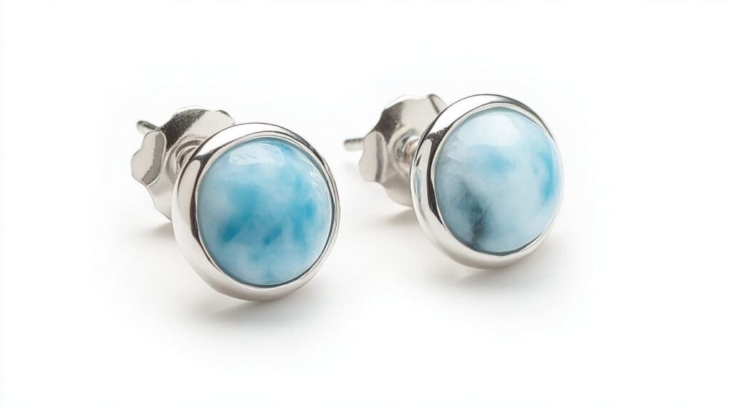 A pair of elegant Larimar stud earrings featuring polished blue gemstones set in silver, highlighting the stone's delicate marbled patterns.