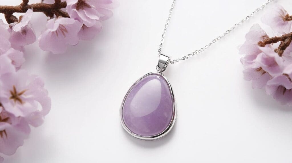 Delicate lavender jade teardrop pendant in a silver setting, surrounded by soft pink cherry blossoms for a serene aesthetic.