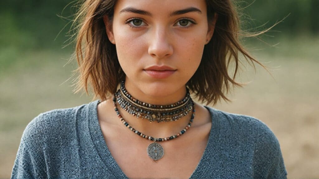 Woman wearing a layered beaded choker necklace with a bohemian design, featuring multiple strands and a coin pendant.