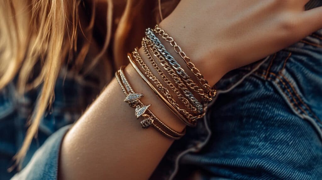 A wrist adorned with multiple layered chain bracelets in gold and silver, demonstrating a stylish approach to stacking bracelets with a comfortable fit.