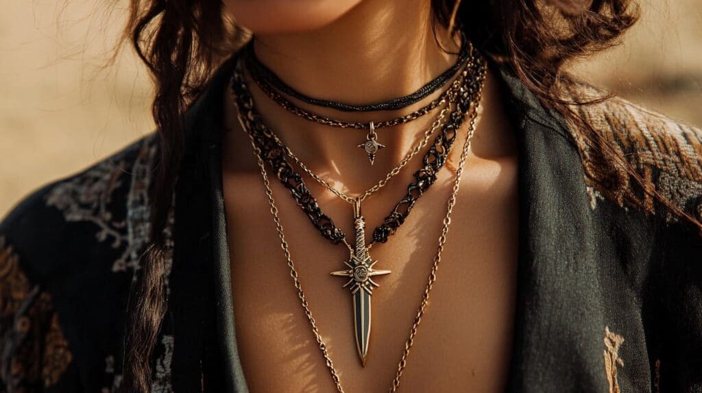 Layered bohemian-style necklaces featuring a gold dagger pendant and chains, representing personal strength and a free-spirited aesthetic.