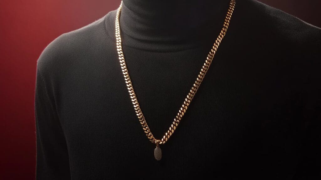 A black turtleneck styled with a long gold chain necklace featuring a pendant, creating an elegant and elongated silhouette.