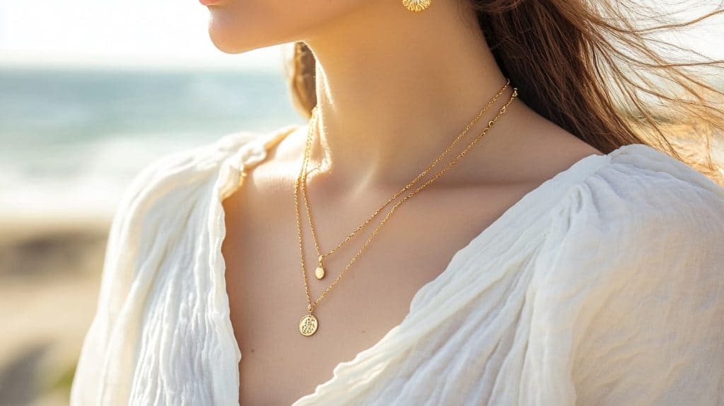 Layered gold necklaces paired with a white flowy dress, styled for a breezy and elegant beach look.