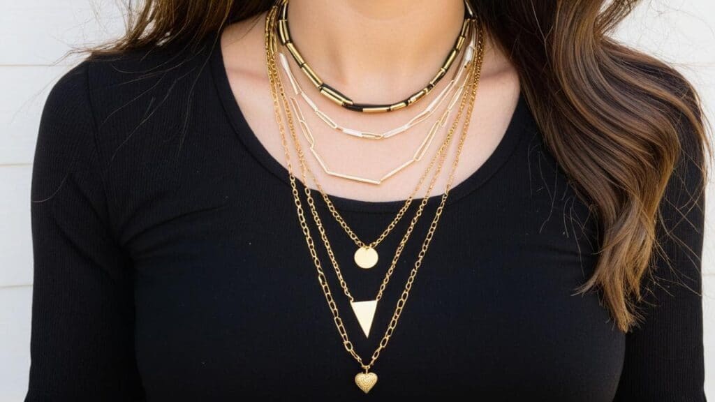 A woman wearing multiple layered gold-tone necklaces with geometric and charm pendants over a black top, showcasing a trendy costume jewelry styling.