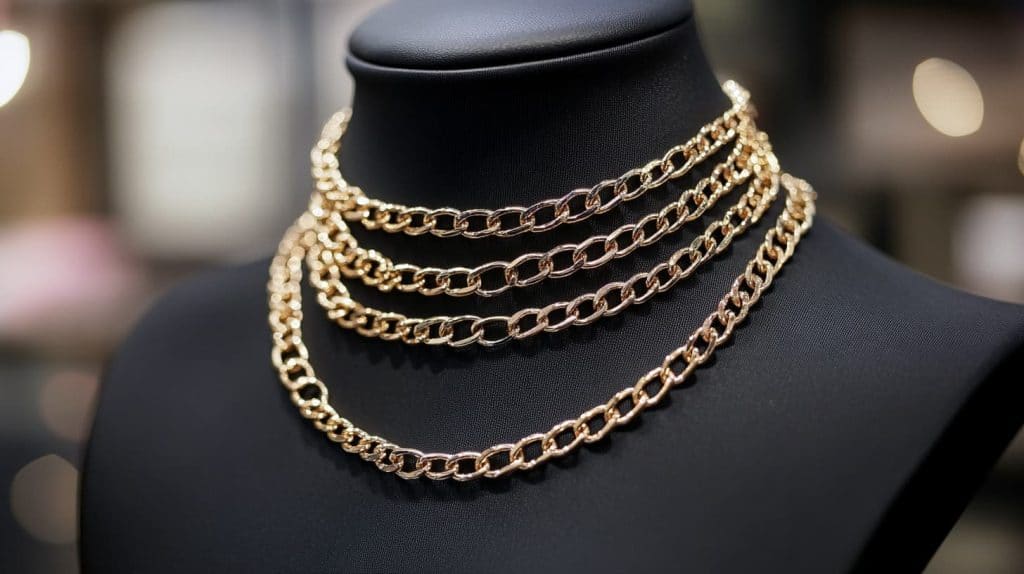 Layered gold chain necklaces arranged on a black mannequin bust, demonstrating an elegant display for jewelry organization.