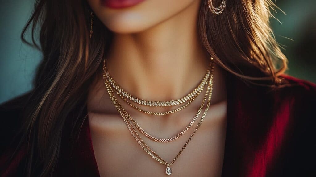 Close-up of a woman wearing layered gold necklaces with different chain styles and a small pendant, paired with a velvet outfit for an elegant look.