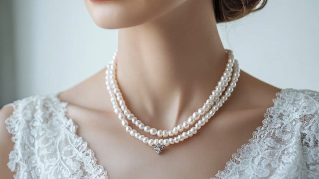 A classic three-strand pearl necklace created using traditional beading techniques, styled on a bride wearing a lace wedding gown.