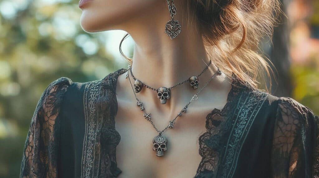 Woman wearing layered skull necklaces and earrings, showcasing gothic fashion and the versatility of skull jewelry for women.