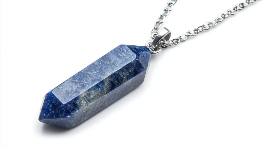 Polished Lazulite crystal point pendant on a silver chain, blending natural texture with a vibrant blue color for a stylish accessory.